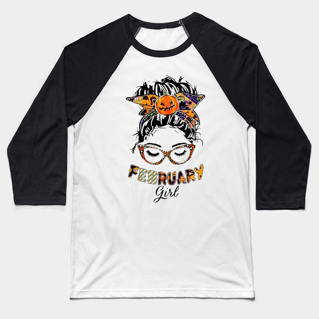 February Girl Halloween Face Wink Eyes Pumpkin Baseball T-Shirt by tasmarashad